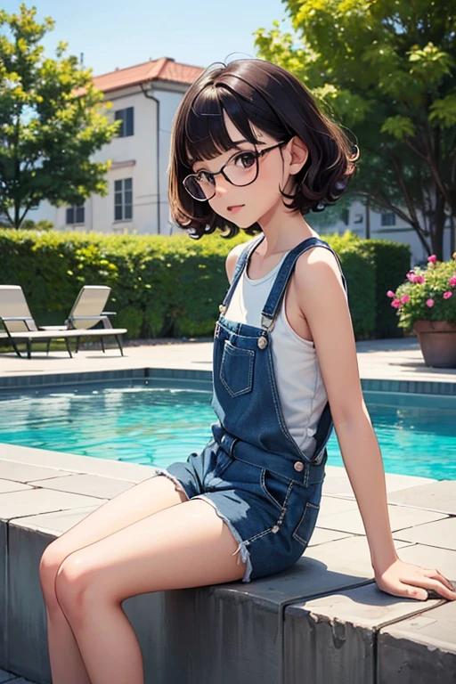 of the highest quality，masterpiece，of the highest quality，(Popart style),flat color，funny, honor student, 10 years，Glasses，short length，Curly hair, Brown hait, romantic, blunt bangs，thick eyebrows，Girl wearing an demin overalls shorts、tank top, sitting in a pool, moving his legs, with a cute round-eyed catoccasion，barefoot, The garden fountain is next door....， distant houses.sharp,An illustration：Don&#39;t read,