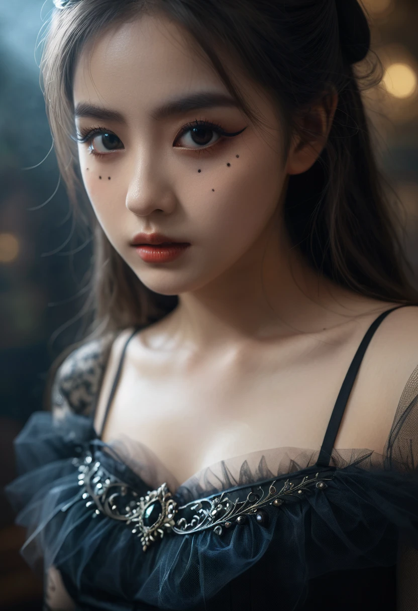 UHD, 8K, ultra detailed, a cinematic photograph of Dark Fantasy Art, a girl with Tulle skirt,making eye contact, dark, moody, dark fantasy style, beautiful lighting, great composition