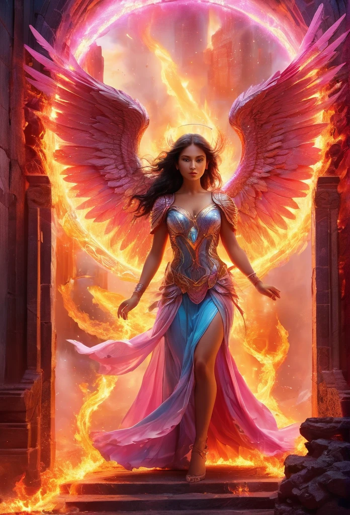 detalhes altos, melhor qualidade, 16k, [melhor detalhado], obra de arte, melhor qualidade, (extremamente detalhado), uma foto de uma bela anjo latina feminina, olhando através de um portal mágico para o inferno, o portal tem mágicos pink wards mágicos sobre ele, ela vê o inferno de fogo e o inferno rolante faize , Runas Brilhantes_azul pálido, estilo brilhante, asas emplumadas