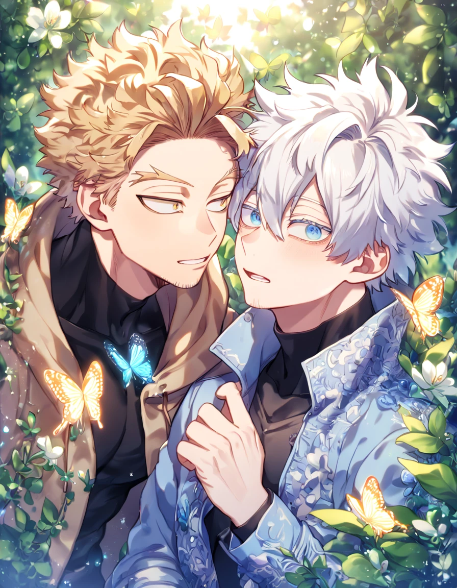 absurdres, highres, ultra detailed, HDR, master piece, best quality, extremely detailed face, delicated features, Hawks, ash-blonde hair, expressive golden brown eyes, faint stubble, Boku No Hero Academia, Gojou Satoru, white hair, expressive blue eyes, white eyelashes, two sexy men together, yaoi, gay couple, handsome, light-blue coat with fur, brown jacket with fur, black tight shirt with patterns, fantasy, magical, butterflies, summer, green leaves, flowers, water