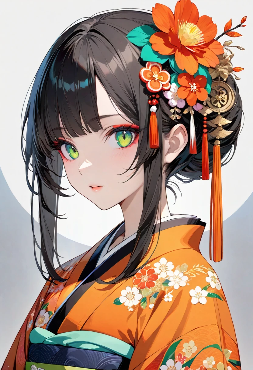 obra de arte, mais alta qualidade, super detalhado, olhos detalhados, tiro na parte superior do corpo, Personagens longos, Decorado com flores coloridas e adornos tradicionais de cabelo、euntricately styled black hair. Personagens、Ela está vestindo um quimono detalhado com vibrantes padrões florais laranja.。, branco, verde e. Eles são、eu&#39;Estou em um beco ladeado por postes de luz antigos que emitem uma luz quente.。, Crie uma atmosfera pacífica, Palco japonês histórico. Para manter o anonimato、O personagem&#39;O rosto está obscurecido por uma área pixelada。.