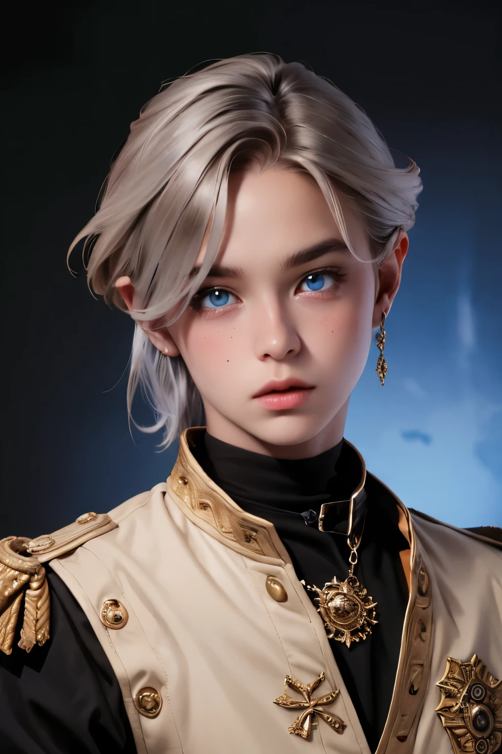 young 18 year old boy, Cute appearance, wear a light royal outfit with silver details, very light brown hair , bright crystal blue eyes, Cute and very detailed face , elegant pose