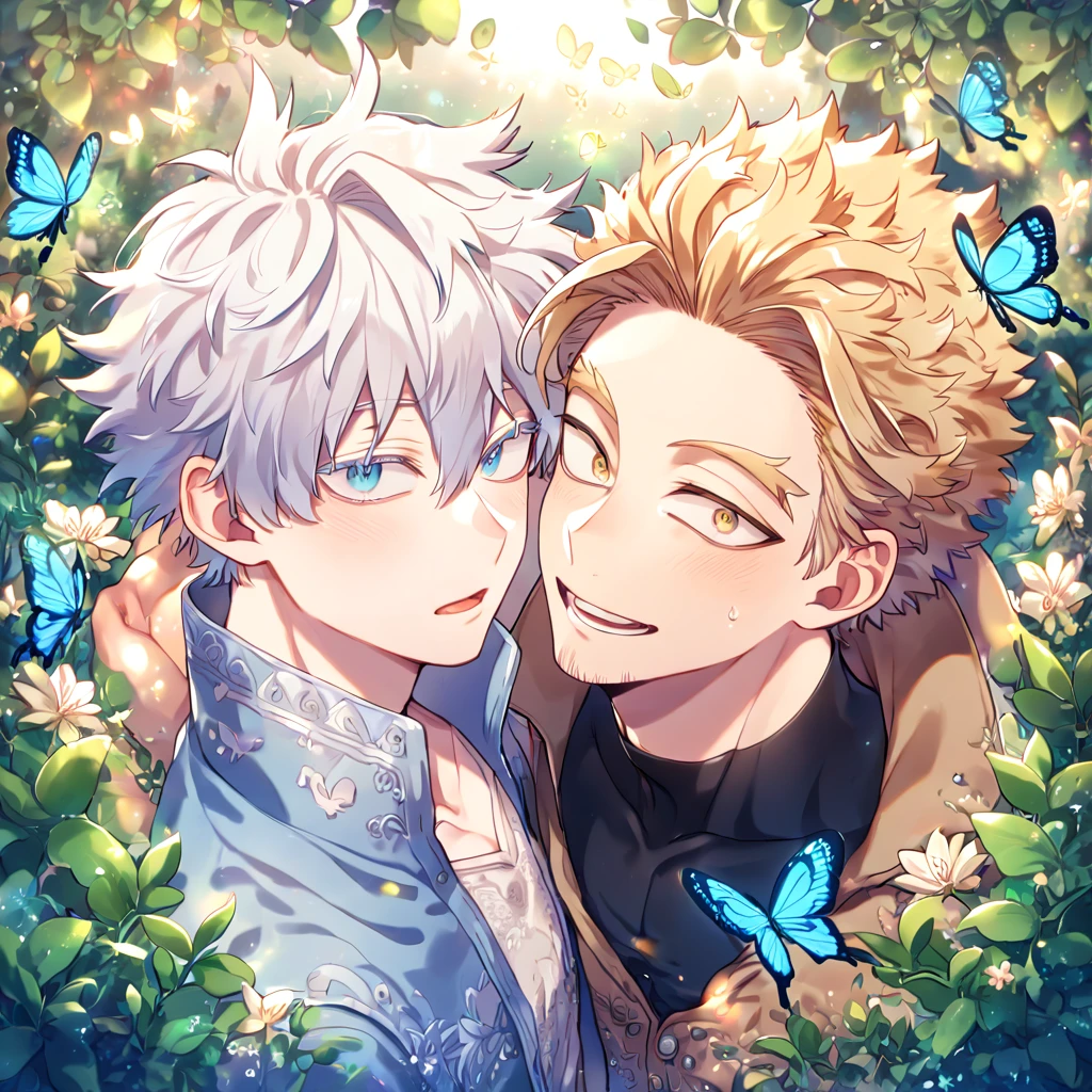 absurdres, highres, ultra detailed, HDR, master piece, best quality, extremely detailed face, delicated features, Hawks, ash-blonde hair, expressive golden brown eyes, faint stubble, Boku No Hero Academia, Gojou Satoru, white hair, expressive blue eyes, white eyelashes, two sexy men together, yaoi, gay couple, handsome, light-blue coat with fur, brown jacket with fur, black tight shirt with patterns, fantasy, magical, butterflies, summer, green leaves, flowers, water