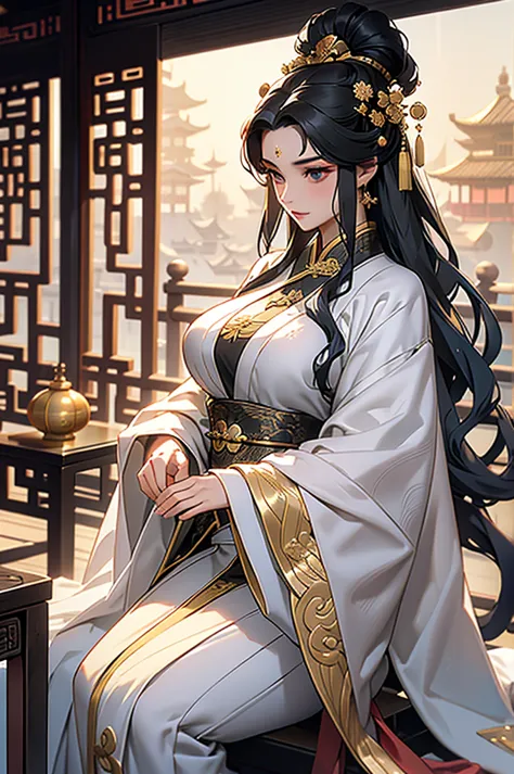 black hair, immortal, royal sister, stepmother, gold robe, taoist robe, chinese style, hair bunch, big breasts