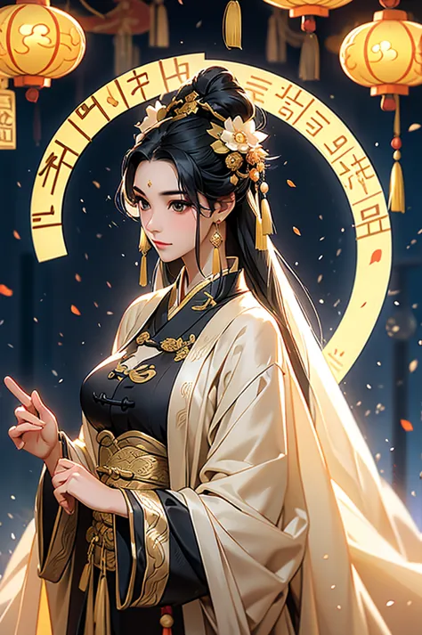 black hair, immortal, royal sister, stepmother, gold robe, taoist robe, chinese style, hair bunch, big breasts