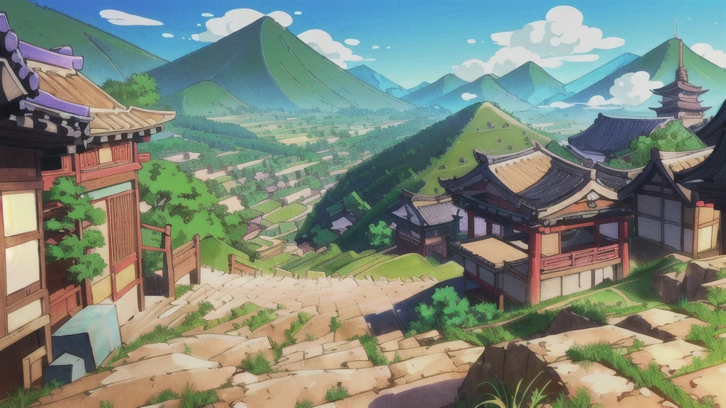 アニメーション風景 of a man standing on a hill overlooking a village, アニメの田舎の風景, アニメーション風景, 町 ， アンリアルエンジン, 中国人, 山の上の道場, beautiful アニメーション風景, アニメーション風景, 2Dゲーム環境デザイン., アニメーション風景 concept art, 日本人, アニメーション風景 wallpaper, 古代アジアの村, ロス・トラン. 風景の背景, アニメーションの背景アート, 日本の農村, 明るい色