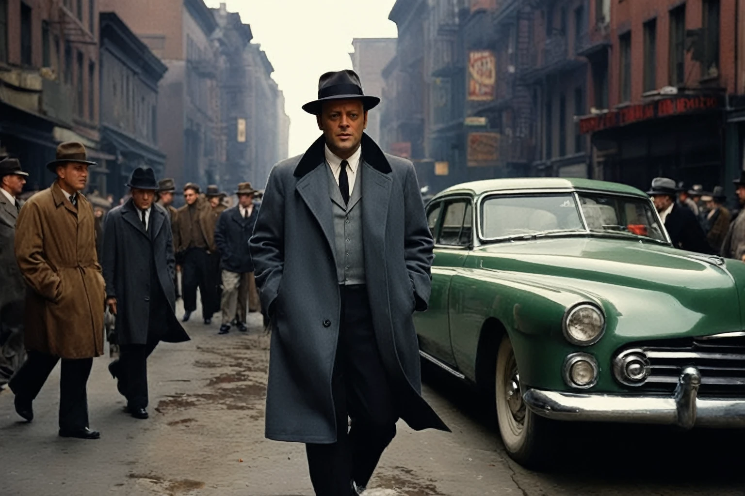 black man in coat and hat walking down the street, godfather movie scene, Vince Vaughn como Jack Fenton, Path to Doom stillframe, vintage color photo, old footage, 1960s spy, inspired by John La Gatta, mobster, foto em cores, Marlon Brando as the best man, Path to Doom