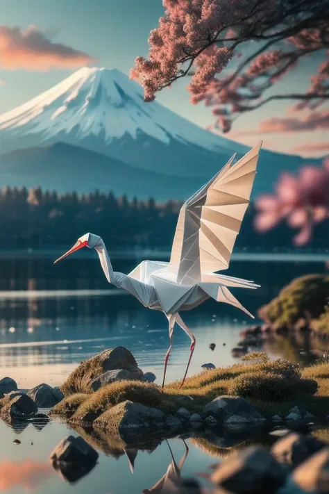 intricate origami crane, Mount Fuji, delicate paper art, beautiful detailed origami, stunning origami masterpiece, exquisite pap...