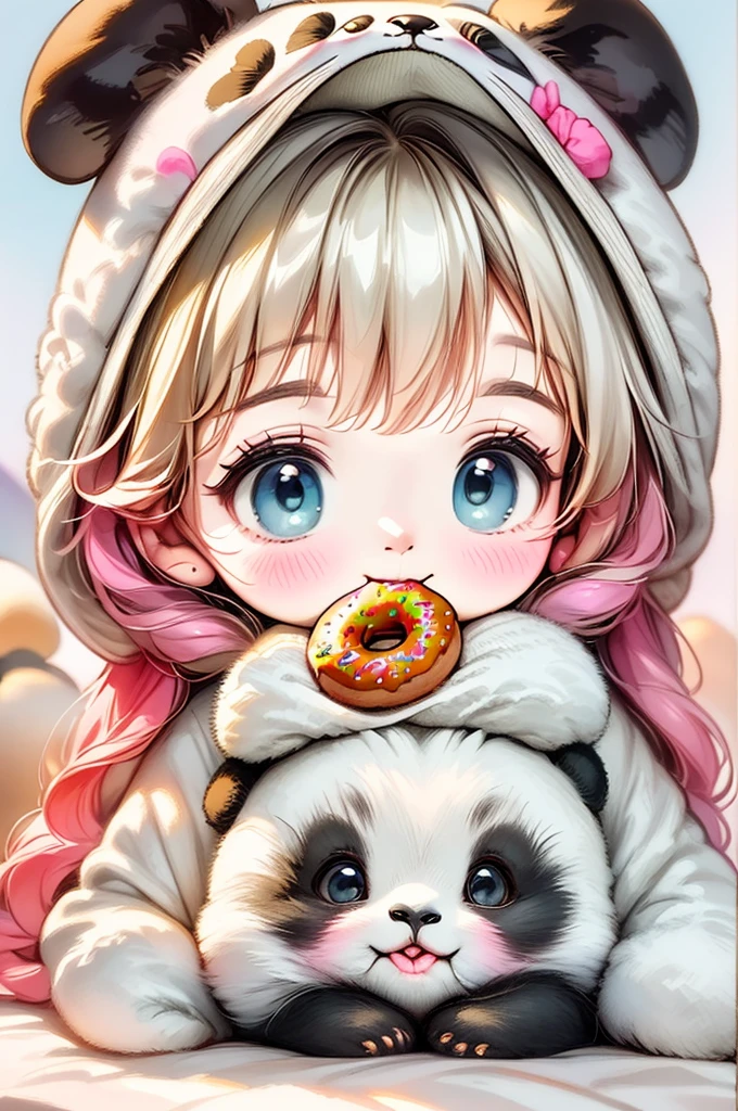 wide shot, centered, full body, ((a  in panda costume eating donuts (black and white costume):1.4)), sitting and eating candy:1.3, dynamic pose, (dog begging for candy:1.3), highly detailed, 8K, high definition, adorable, high quality, photorealistic, colorful, vibrant, soft lighting, plush panda costume, tousled hair, round cheeks, big eyes, detailed facial features, cheerful expression, playful, whimsical, intricate details, lollipops, sweet, textured fur, fluffy panda ears, paws, dog wagging tail, anticipation, cute, heartwarming, endearing