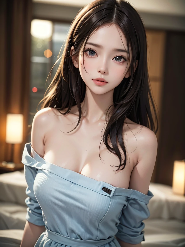 필름 인물 사진, 한 소녀, 어깨 노출, 어깨 길이의 웨이브 머리, 침착한, 침착한, (현실적인 눈, 자연스러운 피부결, 현실적인 얼굴 디테일), 부드럽고 드라마틱한 조명, 서면 경계의 깊이, 보케, 생생한 디테일, 상세히, 초현실적인, 35mm 필름, 흐릿함, 영화,