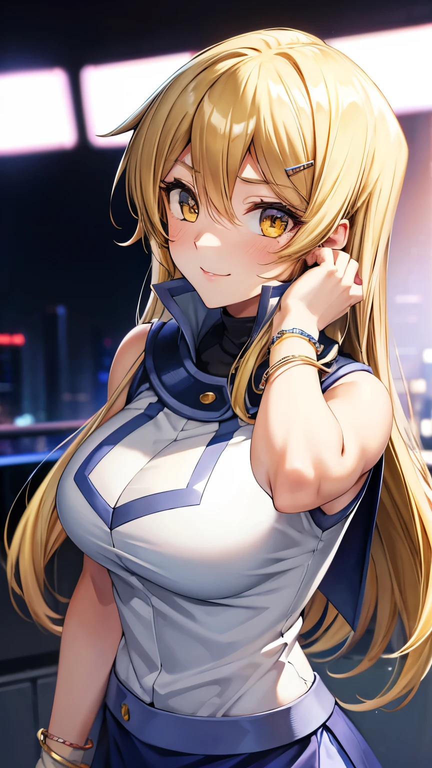 masterpiece, best quality, highres, heart hair ornament, ta1,blonde hair,long hair,yellow eyes, white jacket, sleeveless, blue skirt,tight skirt , miniskirt,fingerless gloves,smile,big tits  ,looking at viewer,top view,(standing), bracelet, Cyber city,blue neon lights,((perfect face)),perfect body, perfect , high definition,blush,((upper body))