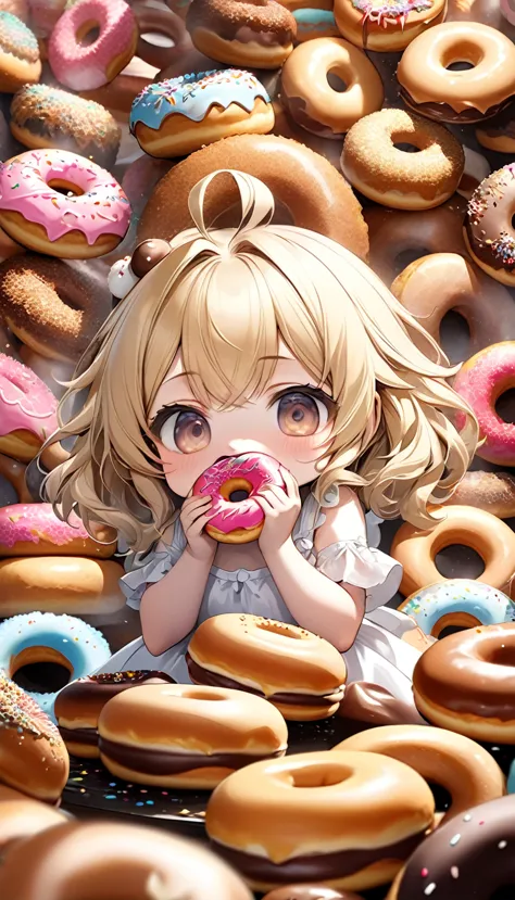 chibi, cute girl, blonde messy hair, ahoge, surrounded by many donuts, stuffing her mouth full of donuts, wearing white dress, (...