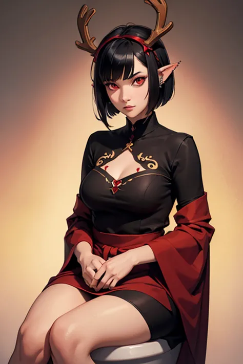 girl with long pointed ears full of piercings, short black hair, duendecillo haircut, red eyes and reindeer antlers on head sitt...