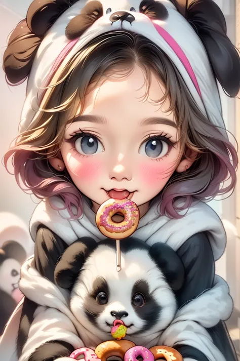 wide shot, centered, full body, ((a in panda costume eating donuts (black and white costume):1.4)), sitting and eating candy:1.3...