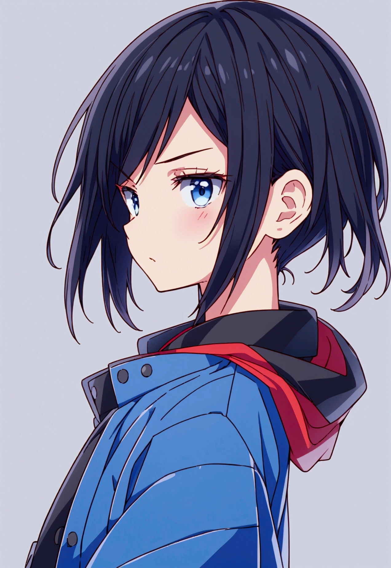 (Best quality), simple background, Japanese novel cover, a boy, short black hair, jacket, looking into the distance, missing his sister, blue jacket, fierce eyes,