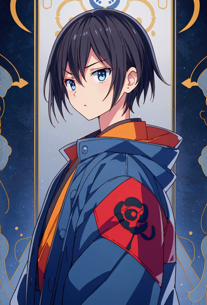 (Best quality), simple background, Japanese novel cover, a boy, short black hair, jacket, looking into the distance, missing his sister, blue jacket, fierce eyes,