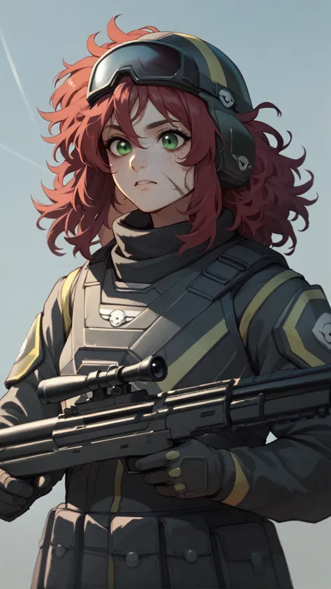 female helldiver sniper without helmet, messy red hair, freckles, green eyes, and a burn scar on her left eye. holding a sniper ...