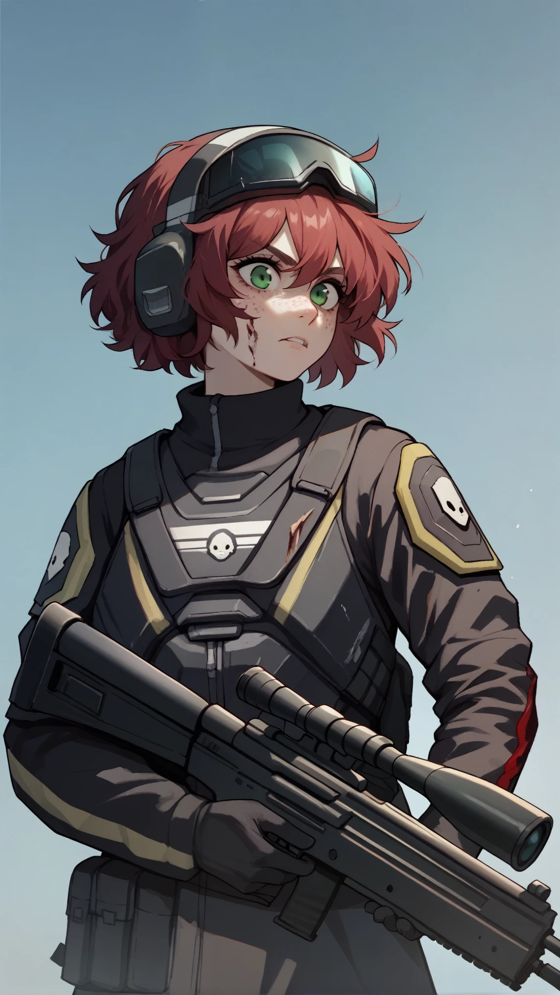 Female Helldiver Sniper without helmet, messy red hair, freckles, green eyes, and a burn scar on her left eye. Holding a sniper rifle. 