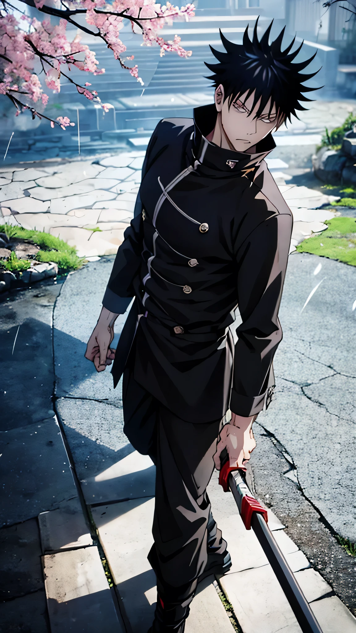 photo of an anime character (jujutsu KAISEN) named "yuta okkotsu" with black hair, sharp eyes, "jujutsu kaisen" shirt with buttons on the side, white, long black Jujutsu kaisen trousers, with cherry blossom petal effect that was flying, and the falling raindrops were drenching, and the white sword was stuck on his back, he was walking with a black wolf. along with a realistic rural background.