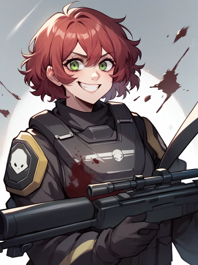 Female Helldiver Sniper without helmet, messy red hair, freckles, green eyes, and a burn scar on her left eye. Holding a sniper rifle. With a crazed grin