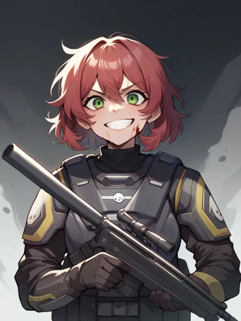 female helldiver sniper without helmet, messy red hair, freckles, green eyes, and a burn scar on her left eye. holding a sniper ...