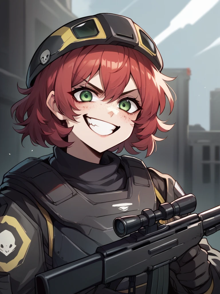 Female Helldiver Sniper without helmet, messy red hair, freckles, green eyes, and a burn scar on her left eye. Holding a sniper rifle. With a crazed grin. 34 year old