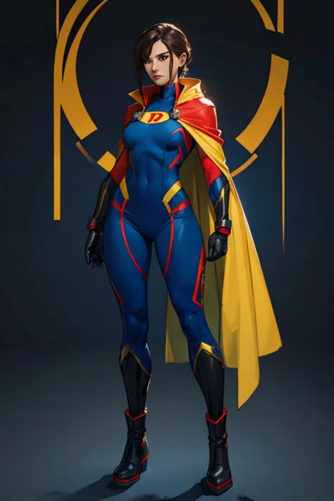 a female superhero with a yellow supersuit and a red with dark blue cape. she also has dark blue gloves and boots. the female su...