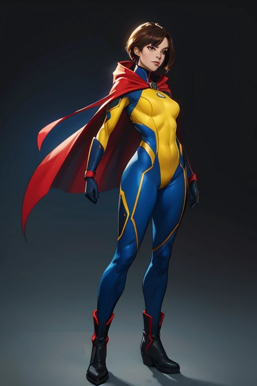 A female superhero with a yellow supersuit and a red with dark blue cape. She also has dark blue gloves and boots. The female superhero is brunette, her hair is dark and is tied