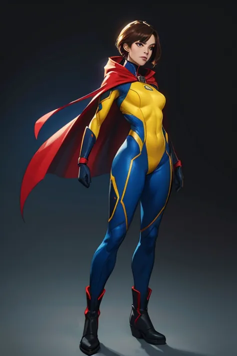 a female superhero with a yellow supersuit and a red with dark blue cape. she also has dark blue gloves and boots. the female su...