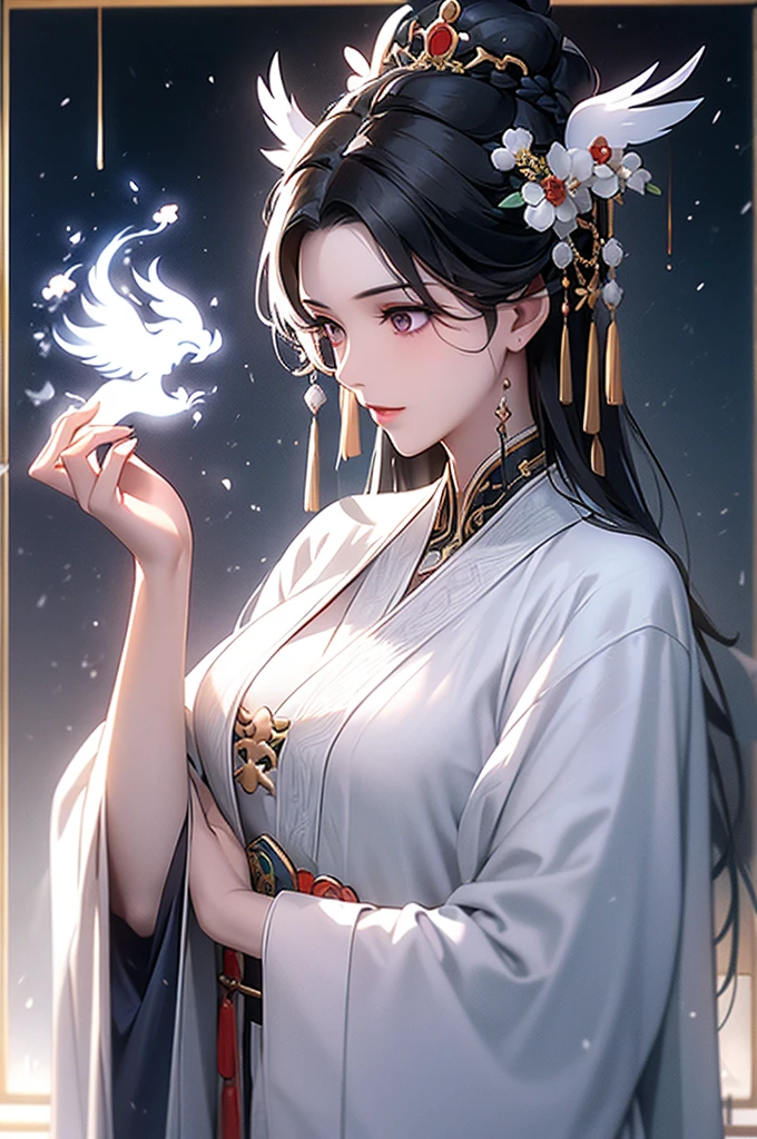 Black Hair, Immortal, Beauty, Royal sister, Stepmother, White Taoist robe, Phoenix Coronet, Hair Bunch