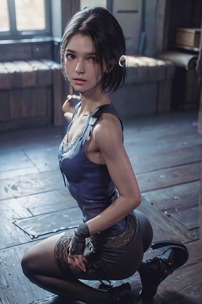 jill valentine,Natural light, masterpiece, Very detailedな,Absurd,Highest quality,Very detailed,Detailed face,Particles of light, Lighting, (Very detailed:1.2),(Detailed face:1.2), (Gradation), software, colorful,(Big eyes:1.2),basement,Lace bra with ribbon,Age 17,(((slim, Tight waist, Thin thighs,Thin arms,Small breasts))),((Intricate details on tight panties)),((Cute lace tight underwear with attention to detail,Kneeling posture,Please show me your armpits,View from behind))