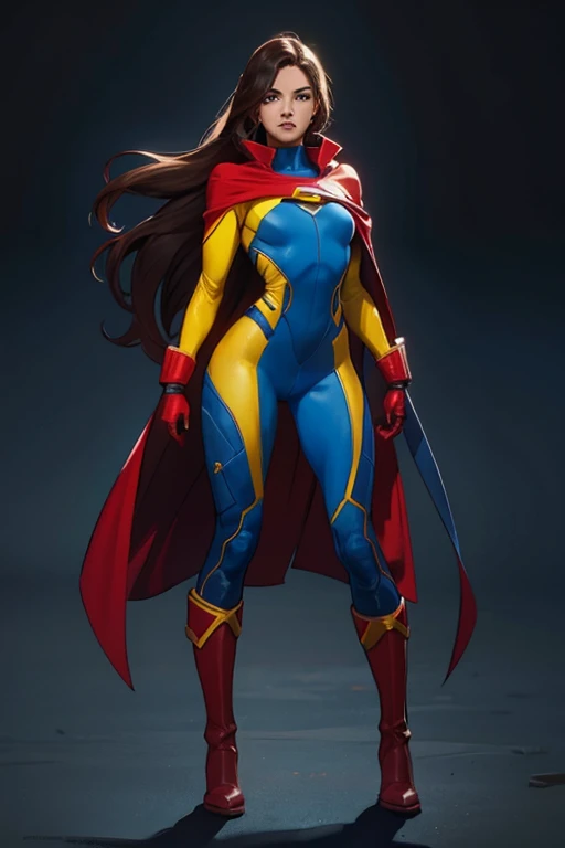 A female superhero with a yellow supersuit and a red with dark blue cape. She also has dark blue gloves and boots. The female superhero is brunette, her long hair is dark and is tied
