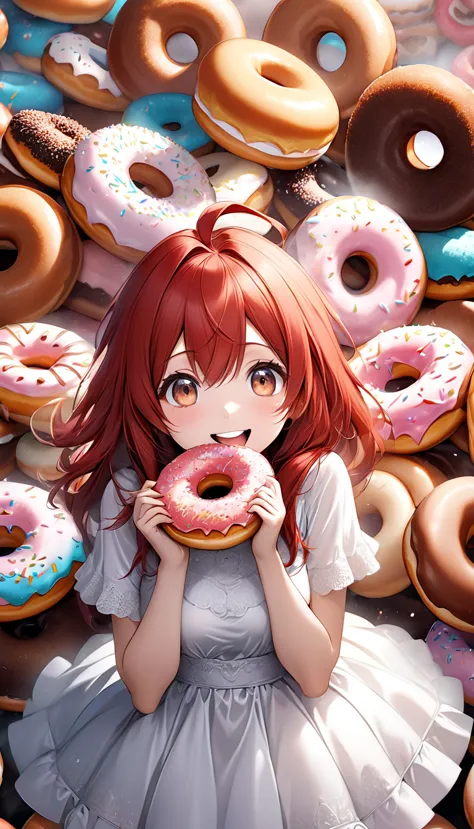 cute woman, red straight hair, ahoge, surrounded by many donuts, stuffing her mouth full of donuts, wearing white dress, smile, ...