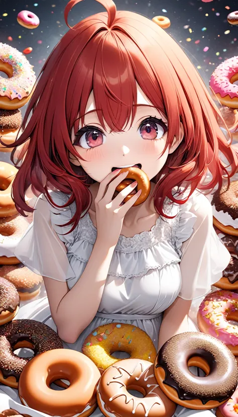 cute woman, red straight hair, ahoge, surrounded by many donuts, stuffing her mouth full of donuts, wearing white dress, smile, ...