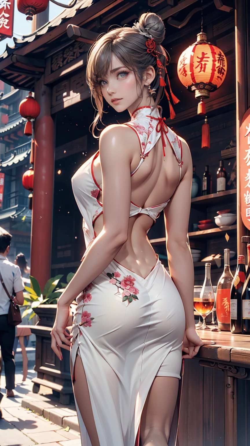 24-year-old woman、Silver Hair、Bun Hair（Ribbon decoration)、High-necked Chinese dress(Deep slit、Stomach and back exposed)、Stiletto heels、Chinese-style city