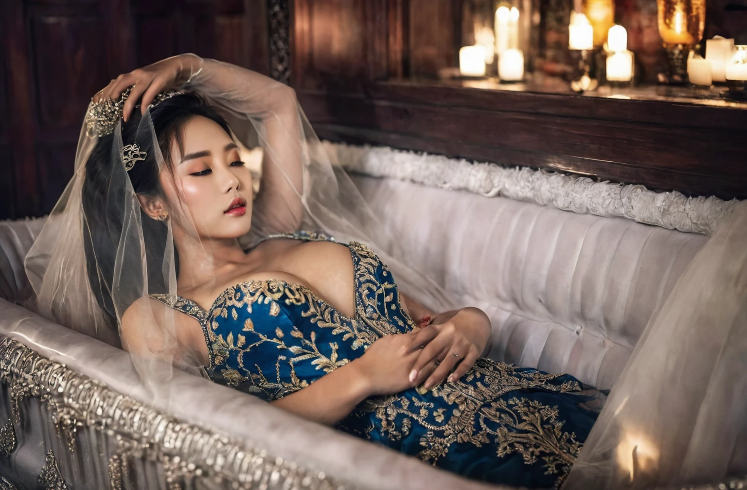 In a striking 8K HDR scene, a stunning Korean woman, 22 years old, lies peacefully in a black coffin surrounded by plush pillows. The deep box is set against a rich black background, accentuating the beauty of the subject. Her exquisite deep-V neckline kebaya attire is embroidered with superb detail, showcasing her round and firm breasts, perfect cleavage, and beautiful eyebrows. Her closed eyes and mouth give an air of serenity, while her visible and absolute cleavage leave nothing to imagination. The scene is bathed in saturated colors, highlighting every intricate aspect from the ball skirt to her clean face, straight body, detailed hand perfect hands, straight body, own hands together, own hand on stomach, detailed hands, perfect hands, straight arms.