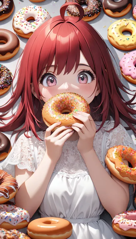 cute woman, red straight hair, ahoge, surrounded by many donuts, stuffing her mouth full of donuts, wearing white dress, smile, ...