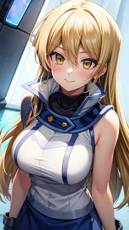 masterpiece, best quality, highres, heart hair ornament, ta1,blonde hair,long hair,yellow eyes, white jacket, sleeveless, blue skirt,tight skirt , miniskirt,fingerless gloves,smile,big tits  ,looking at viewer,top view,(standing), bracelet, Cyber city,blue neon lights,((perfect face)),perfect body, perfect , high definition,blush,((upper body))