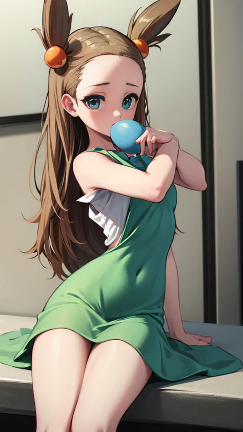 pokemon jasmine ,pokemon jasmine brown eyes, for coffee, with two buns, by the wide (medium breasts:1.2),
 green dress, red bow,...