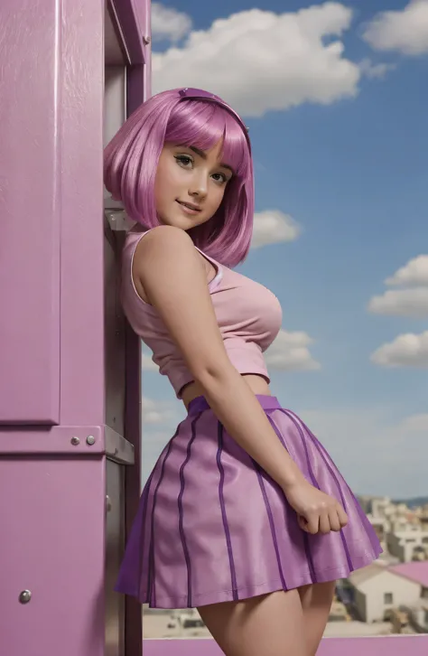 (((Girl 13 years old))) ,sexy girl, purple minskirt and lace stockings, Stephanie from lazy town high quality ,pinkies Hair,((sk...