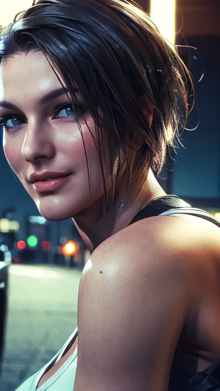 Jill Valentine, portrait,  smiling, at city at night, bruises, dirt, (8k, RAW photo, best quality, masterpiece:1.2),ultra-detailed, (high detailed skin:1.2), 8k uhd, dslr, soft lighting, high quality, 