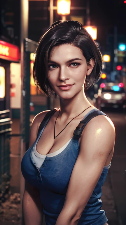 Jill Valentine, portrait,  smiling, at city at night, bruises, dirt, (8k, RAW photo, best quality, masterpiece:1.2),ultra-detailed, (high detailed skin:1.2), 8k uhd, dslr, soft lighting, high quality, 