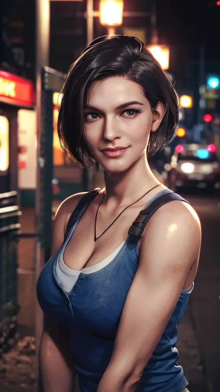 Jill Valentine, portrait,  smiling, at city at night, bruises, dirt, (8k, RAW photo, best quality, masterpiece:1.2),ultra-detail...