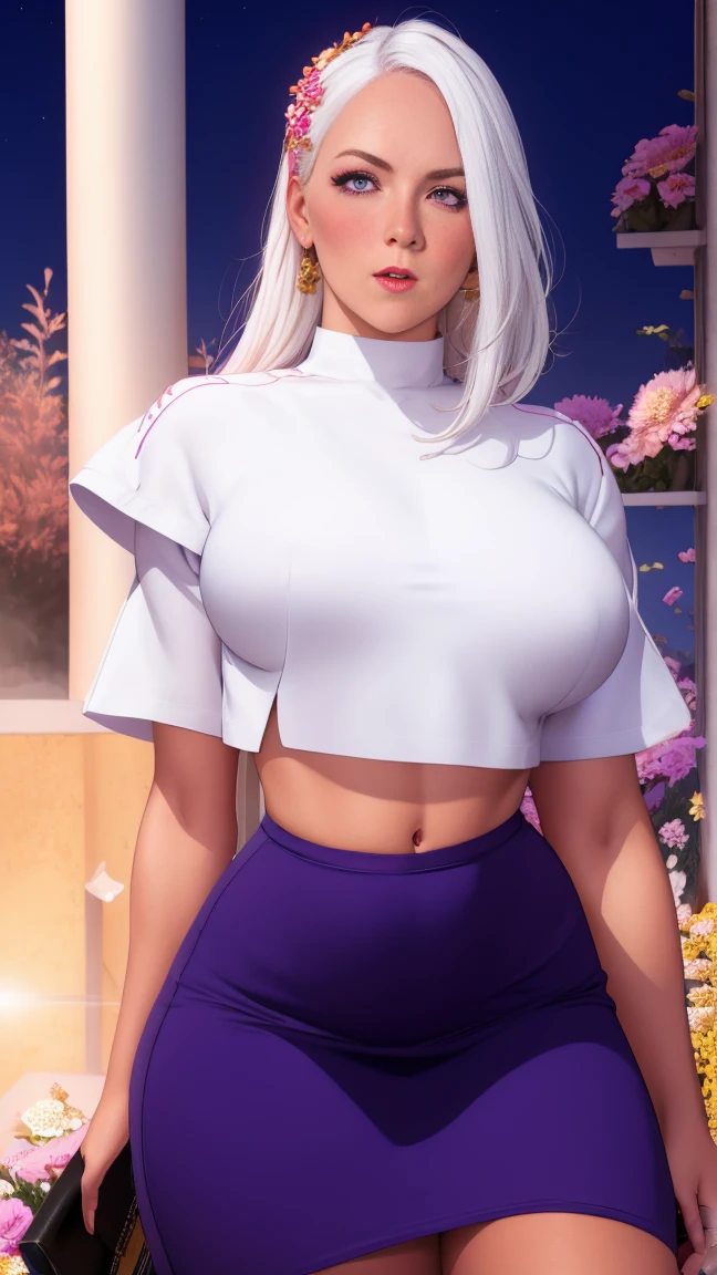 realistic, 1girl, white hair, purple eyes, glowing eyes, crop top, skirt, parted lips, blush, night, flowers, sun, sunlight,