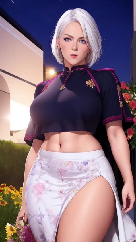 realistic, 1girl, white hair, purple eyes, glowing eyes, crop top, skirt, parted lips, blush, night, flowers, sun, sunlight,