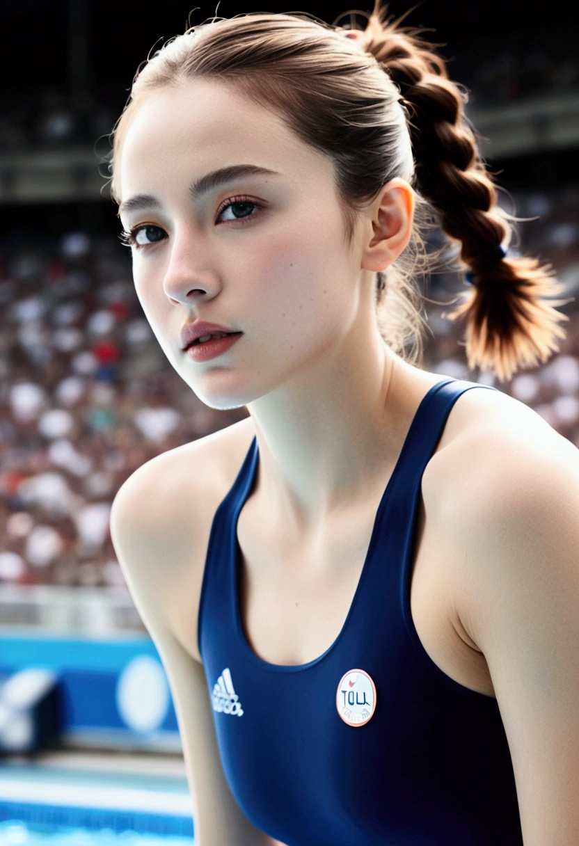 (Female athlete swimming towards the finish line in the Paris Olympic swimming stadium_delicate nose and beautiful face, delicate eyes, delicate lips, neatly tied hairstyle, pale skin), (best quality, 4K, 8k, high resolution, masterpiece: 1.2), very detailed, (realistic, realistic, realistic: 1.37), White tracksuit_complex and detailed, sports, people, dynamic pose, outdoor scene, stadium structure, bright sunlight, vivid colors