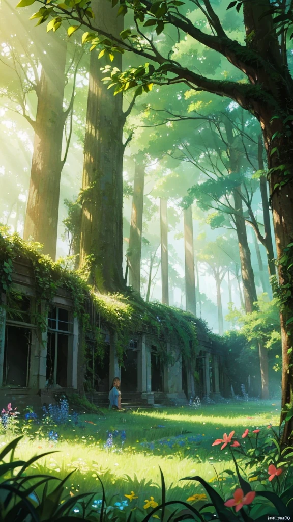 A large plane crash site transformed by nature, Wildflowers blooming around, The ruins are covered with lush green plants, Located in a secluded forest glade. Soft light shines through the dense tree canopy, Quiet and desolate. Anime Nature, Peaceful atmosphere, Very detailed, High-definition quality, Natural appearance