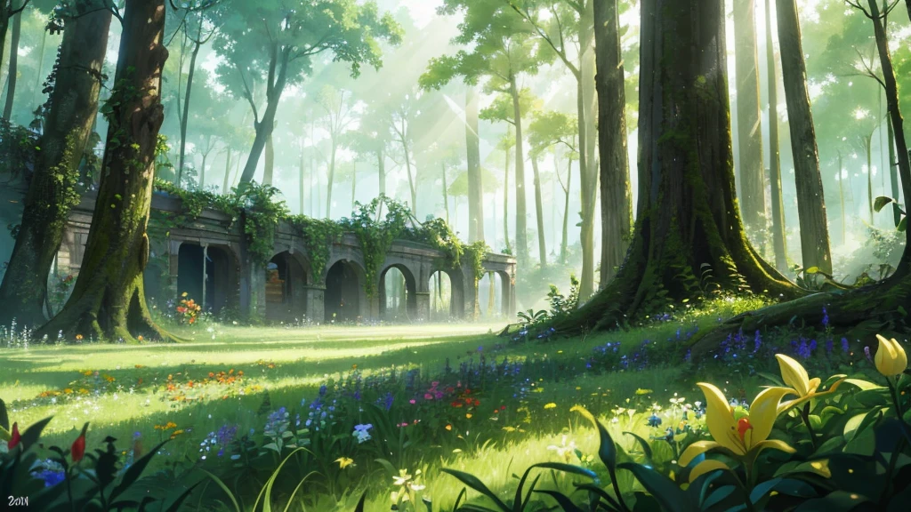 A large plane crash site transformed by nature, Wildflowers blooming around, The ruins are covered with lush green plants, Located in a secluded forest glade. Soft light shines through the dense tree canopy, Quiet and desolate. Anime Nature, Peaceful atmosphere, Very detailed, High-definition quality, Natural appearance