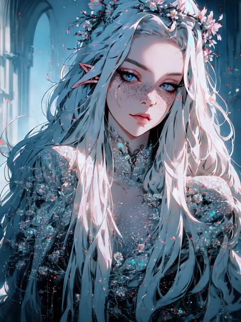 hyper-realistic of a mysterious woman with flowing white hair, ears of elf, freckles, piercing opal eyes, and a delicate floral ...