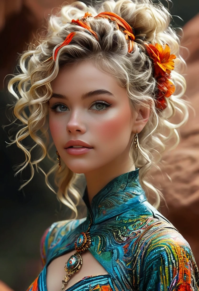 Beautiful boho women stunning merge of Masiela Lusha with colorful southwestern style dress. colorful southwestern earing and. jewelry, blond colored hair that is coarse, wiry, and tightly curled. It often has a rough texture, feels stiff to the touch, and may be prone to frizz and tangling. The curls can be densely packed. cute, girly, sexy. The Official Art – An Award-Winning Digital Masterpiece In 4K Ultra HD, Extreme Detail And Intricate Realism. symmetrical face. This Concept Art Brought To Life By The Hands Of Artists Like Wlop & Artgerm In A Stunning 2D Vector Illustration. large, perky, full, vuluptious, symmetrical and spherical breasts. Background is a beautiful panoramic vista of a red rock canyon.
